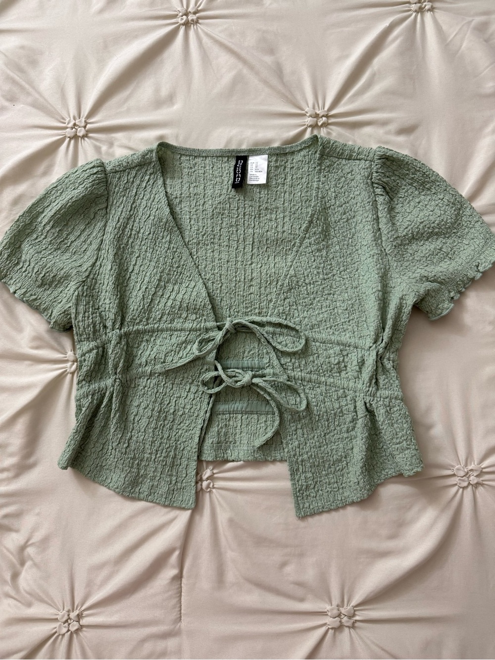H&M Sage Green Textured Tie-Front Short Sleeve Top
